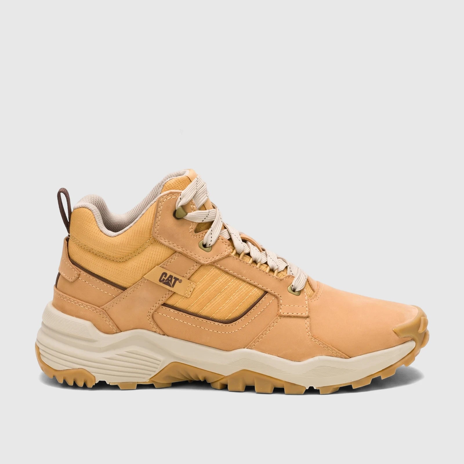Cat Men's Grapple Leather Mid P726962 in honey brown, a durable hiking boot with a rugged sole, shown from a side view.