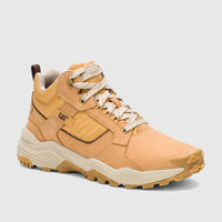 Cat Men's Grapple Leather Mid P726962 hiking boot in honey brown, with a durable leather and mesh upper and beige laces,