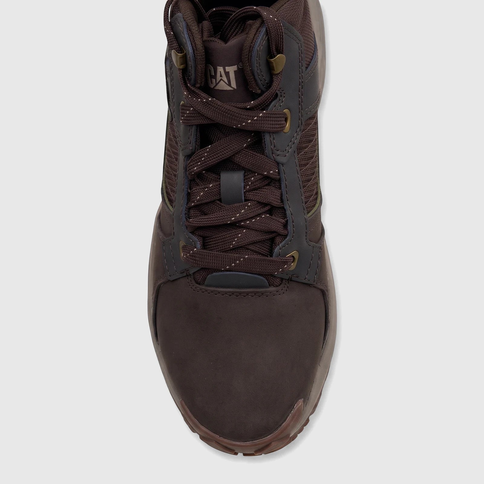 Cat Men's Grapple Leather Mid P727011 hiking boot in coffee bean brown. Top-down view highlighting its durable leather and