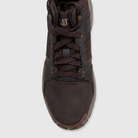 Cat Men's Grapple Leather Mid P727011 hiking boot in coffee bean brown. Top-down view highlighting its durable leather and