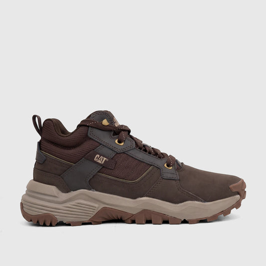 Cat Men's Grapple Leather Mid P727011 shoe in coffee bean brown, featuring a durable design and rugged sole, shown in a side