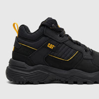 Close-up of a black Cat Men's Grapple leather mid-cut shoe with yellow accents, black laces, and rugged sole.