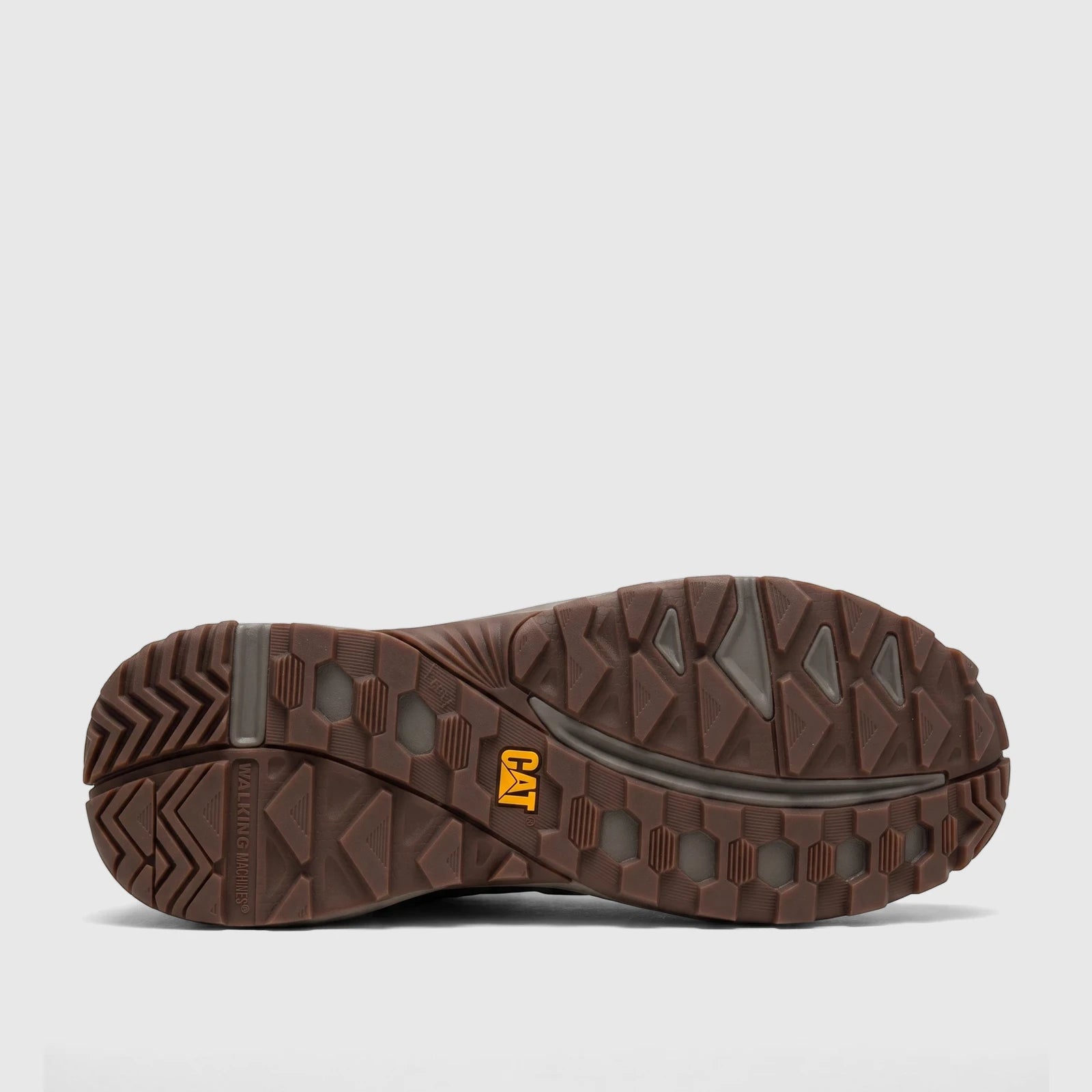 Bottom view of a brown Cat Men's Grapple Leather Mid shoe, showcasing its rugged rubber sole with deep traction patterns and