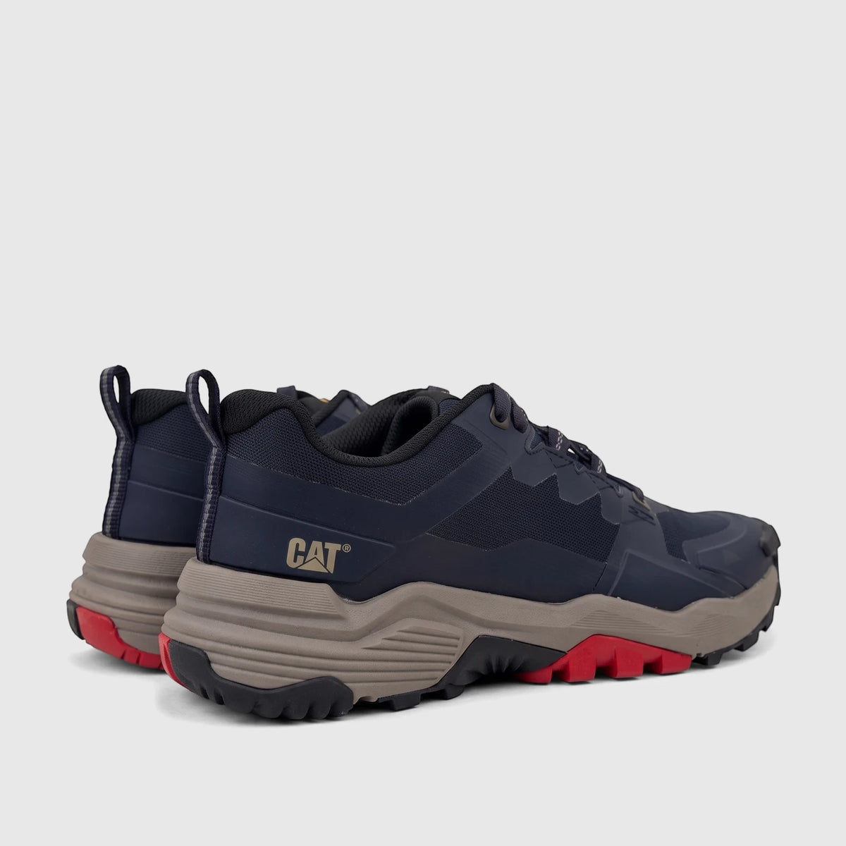 Cat Men's Grapple No Sew P726821 Total Eclipse CT425 athletic shoes in navy blue with grey and red accents, viewed from the