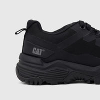 Close-up of a black Cat Men's Grapple No Sew sneaker, showcasing the side profile with the gray CAT logo and rugged sole.