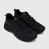 A pair of black Cat Men's Grapple No Sew trail running shoes, featuring mesh and synthetic uppers with yellow logos.
