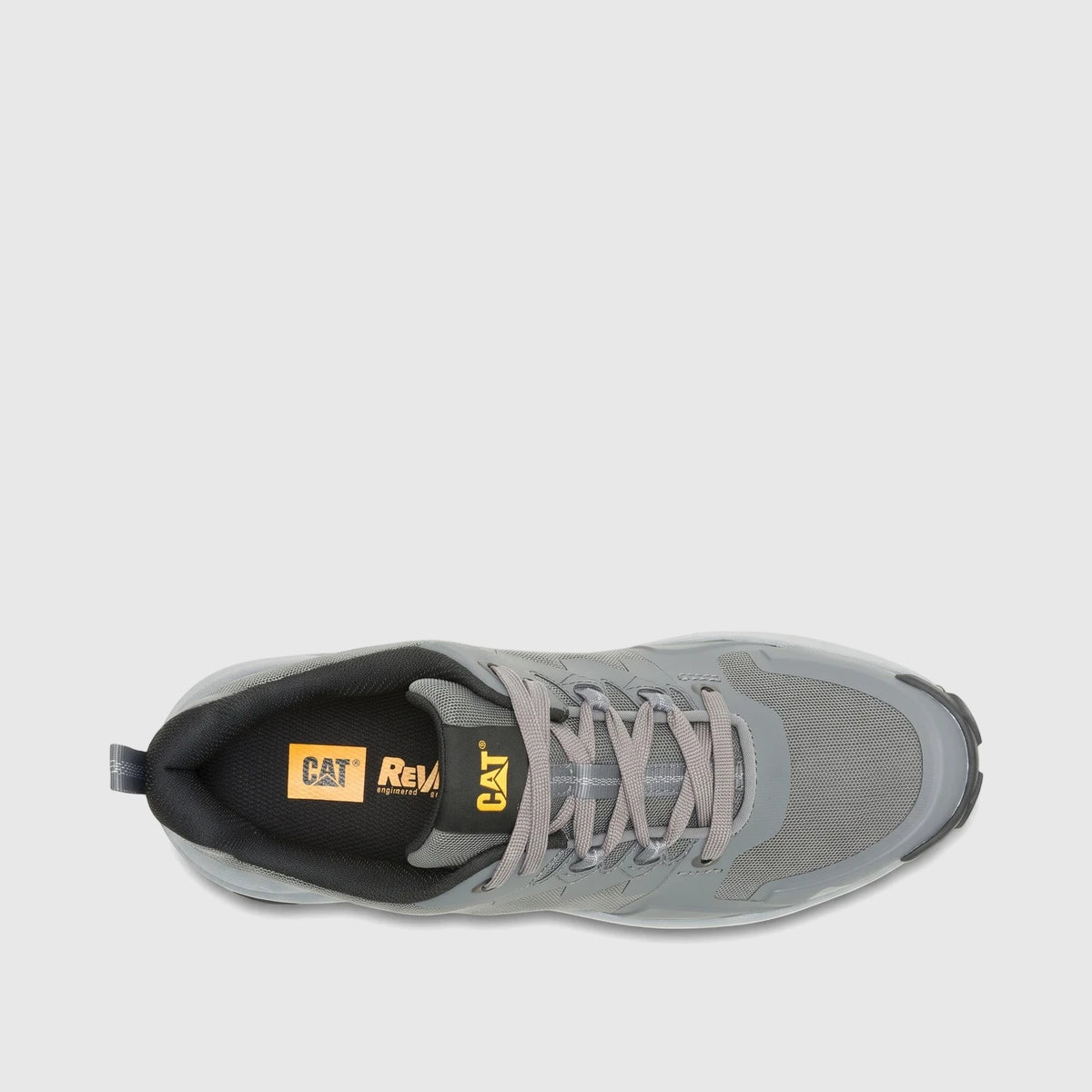 Cat Men's Grapple No Sew P726820 Gargoyle CT424 shoe, gray, top-down view, featuring mesh upper and laces.