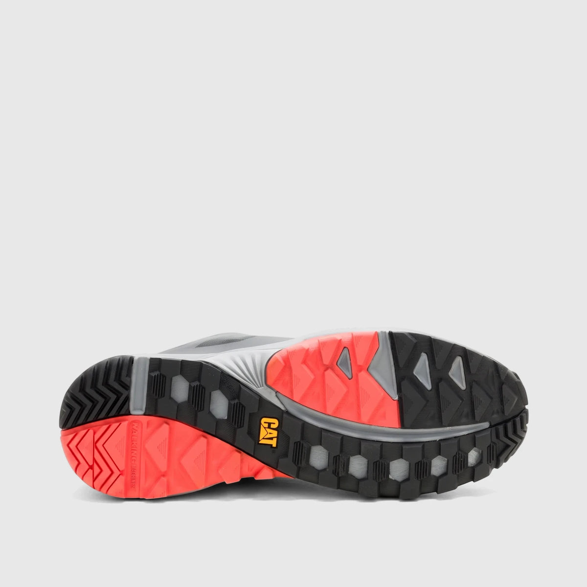 Cat Men's Grapple No Sew P726820 hiking shoe sole view in gargoyle grey, coral, and black with textured grip.