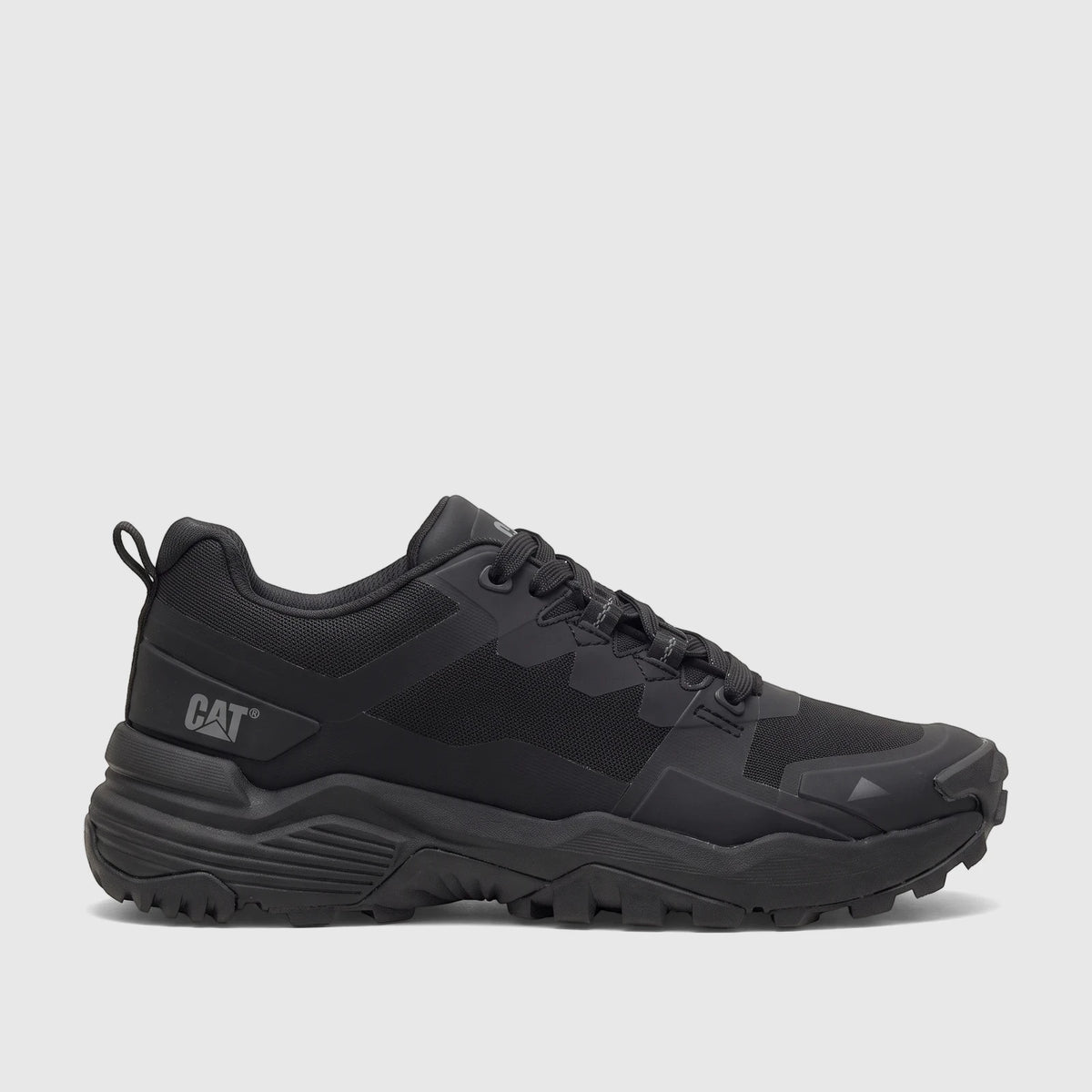 A black Cat Men's Grapple No Sew P726819 athletic shoe with a rugged sole, shown in a side profile view.