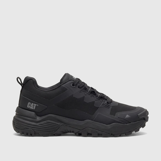 A black Cat Men's Grapple No Sew P726819 athletic shoe with a rugged sole, shown in a side profile view.