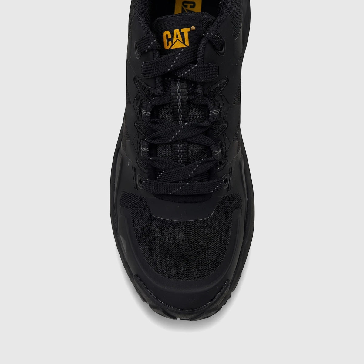Top-down view of a Cat Men's Grapple No Sew P726819 black work shoe, featuring mesh and synthetic upper with yellow branding.