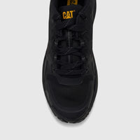 Top-down view of a Cat Men's Grapple No Sew P726819 black work shoe, featuring mesh and synthetic upper with yellow branding.