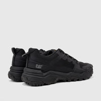 Cat Men's Grapple No Sew P726819 black athletic shoes, shown from a side-rear perspective, highlighting the durable sole.