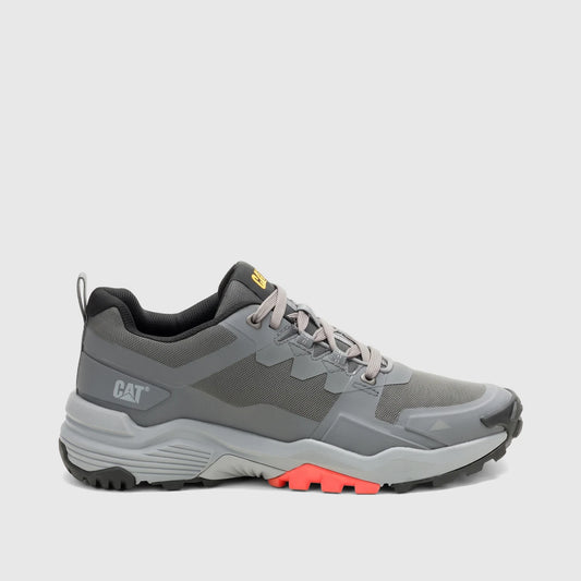 Cat Men's Grapple No Sew P726820 Gargoyle sneakers in gray with orange accents, durable athletic trail shoes.