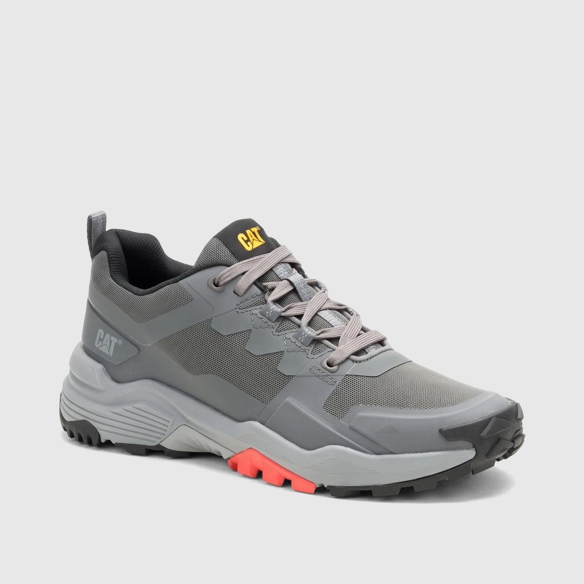 Cat Men's Grapple No Sew P726820 trail shoe in gargoyle grey with black and coral orange accents, side view.