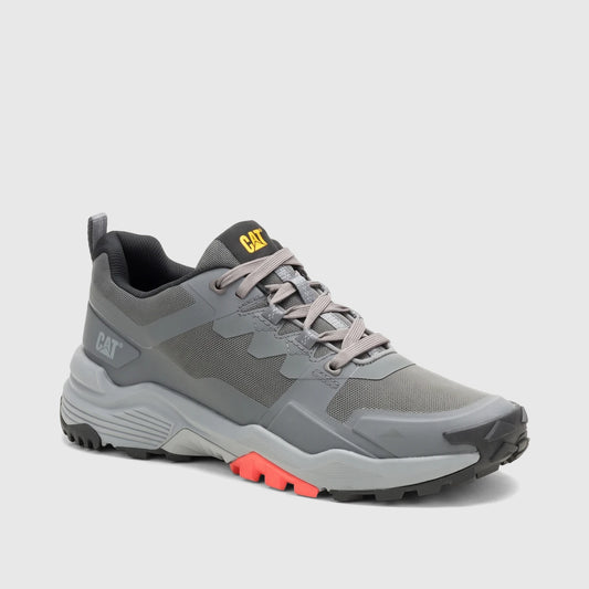 Cat Men's Grapple No Sew P726820 Gargoyle sneakers in gray with orange accents, durable athletic trail shoes.