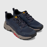 Dark blue Cat Men's Grapple No Sew P726821 Total Eclipse trail shoes with gray soles, viewed from a slight high-angle.