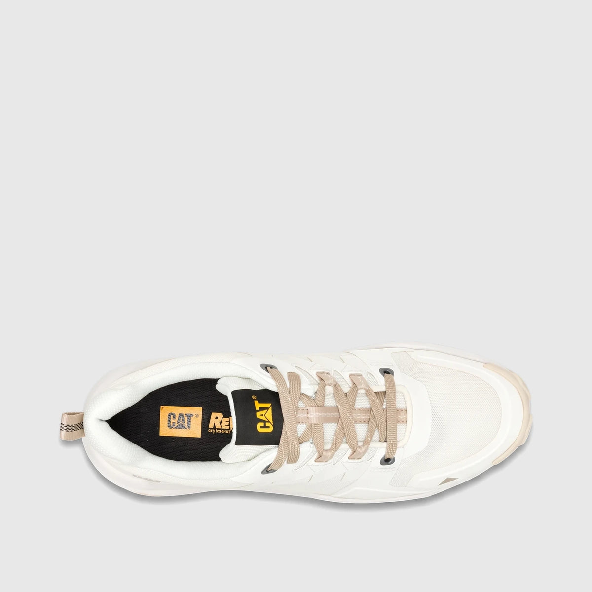 White Cat Men's Grapple No Sew P726828 sneaker, top-down view, with beige laces and black insole.