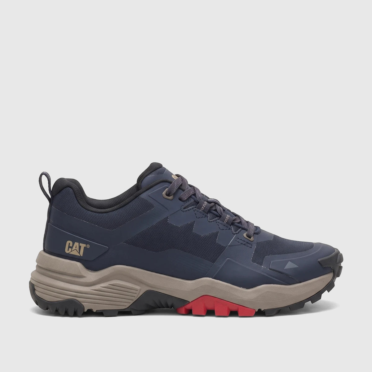 Cat Men's Grapple No Sew P726821 Total Eclipse CT425 trail shoe in navy blue and tan with red outsole accents, shown from