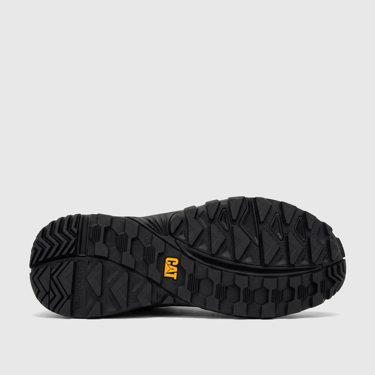 Black Cat Men's Grapple No Sew work boot, bottom sole view, featuring durable rubber lugs and yellow CAT logo.