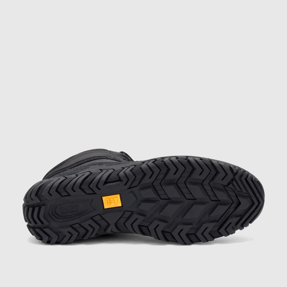 Bottom view of a black Cat Men's Press Hi work boot, showcasing the durable, rugged outsole with a prominent chevron tread