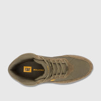 Cat Men's Press Hi boot in dark olive, shown from a top-down perspective, with laces and a durable sole for walking.