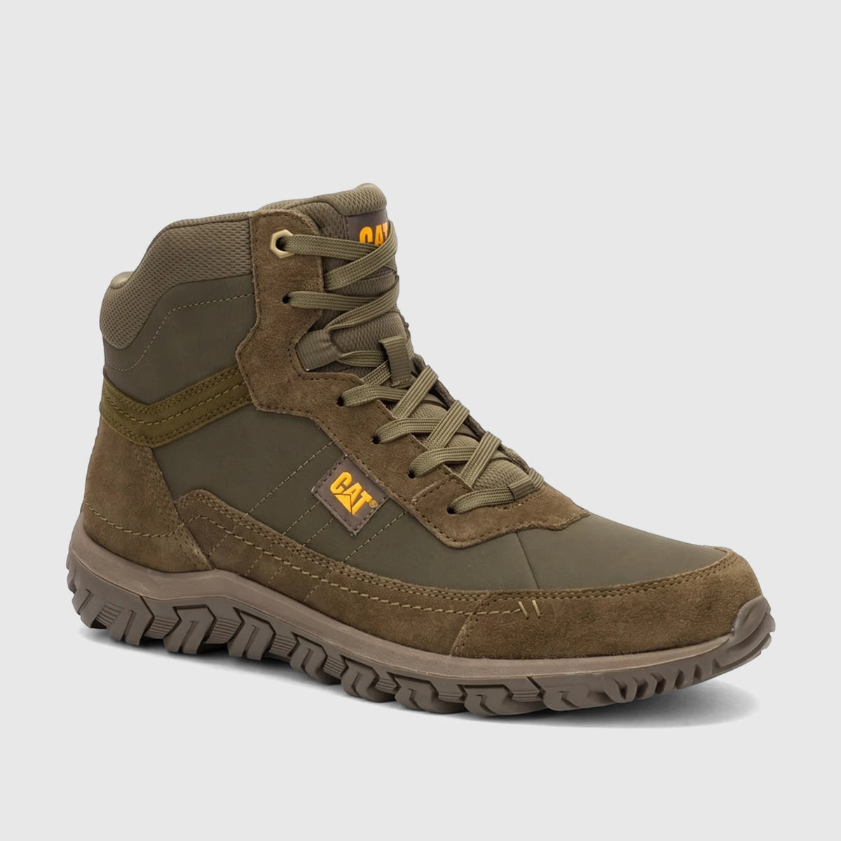 Cat Men's Press Hi dark olive high-top boot, featuring a durable design with combined textile and suede materials and a