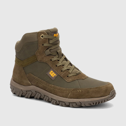 Cat Men's Press Hi P727152 Dark Olive CT444 high-top boot. Green textile and suede lace-up boot with rugged sole, side view.