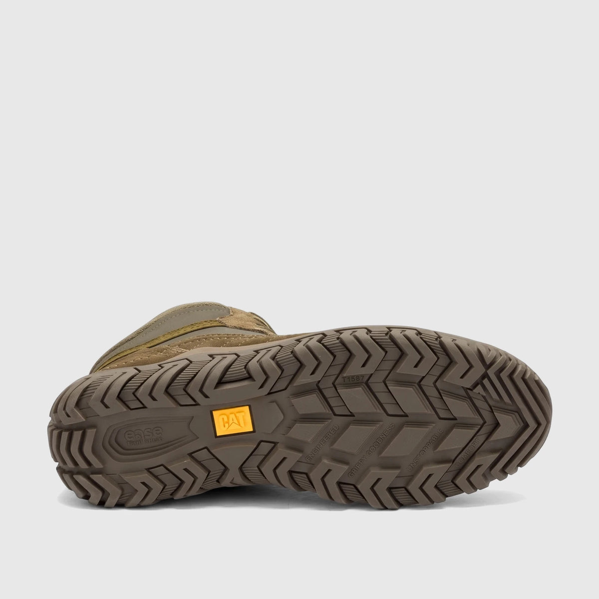 Bottom view of a dark olive Cat Men's Press Hi P727152 boot, highlighting the rugged patterned rubber sole and yellow CAT