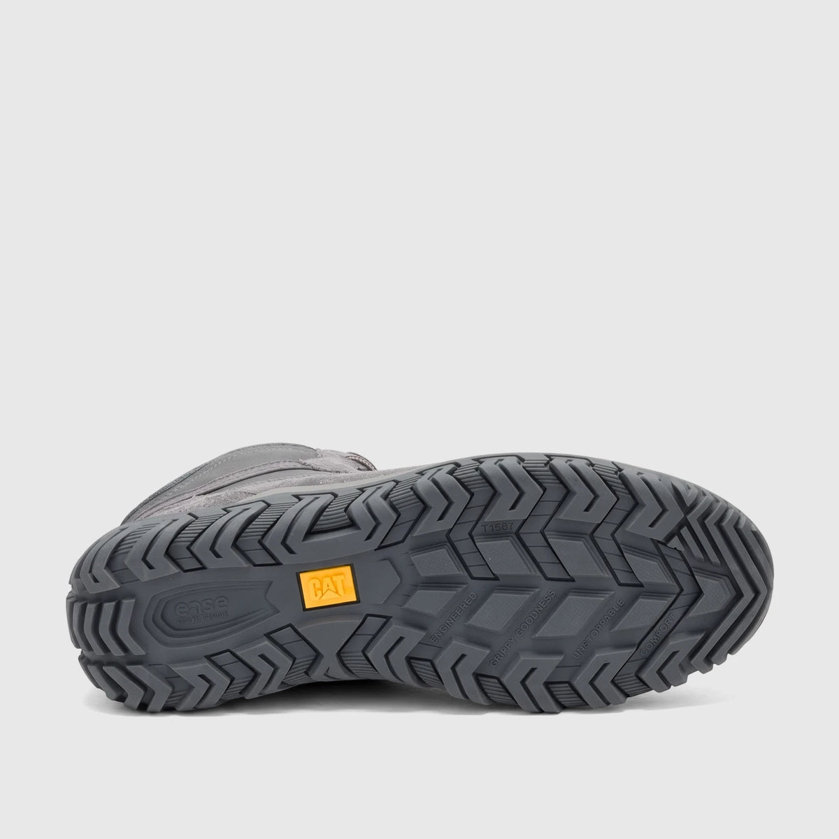 Gray Cat Men's Press Hi P727251 Gargoyle boot, showing the sole with a durable tread pattern and yellow CAT logo.