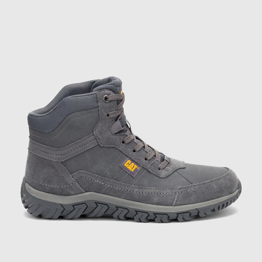 Cat Men's Press Hi P727251 Gargoyle CT443 high-top rugged boot in gray, shown from a side view.
