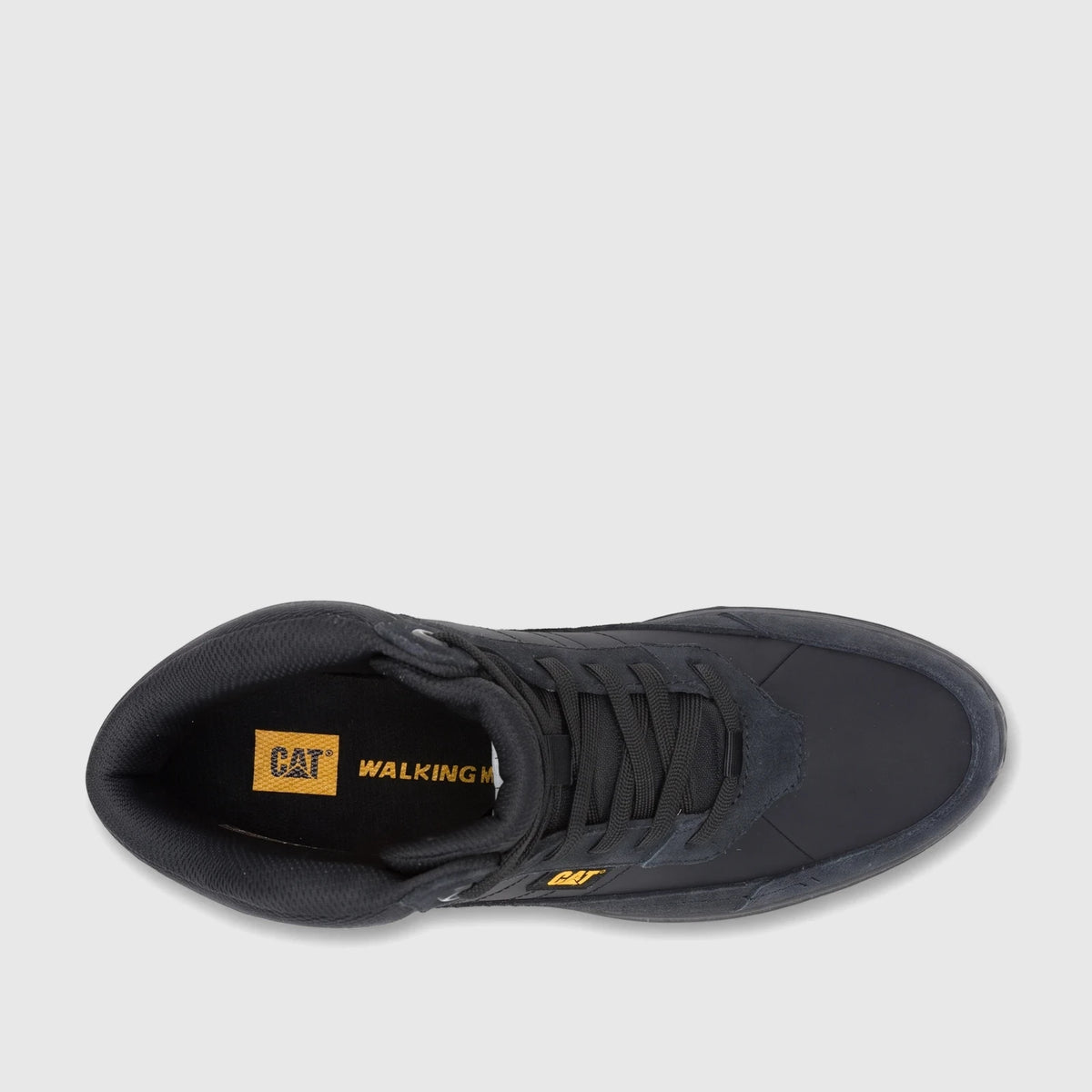 Top-down view of a single black Cat Men's Press Hi P727149 sneaker, featuring black laces and a durable design.