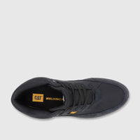 Top-down view of a single black Cat Men's Press Hi P727149 sneaker, featuring black laces and a durable design.