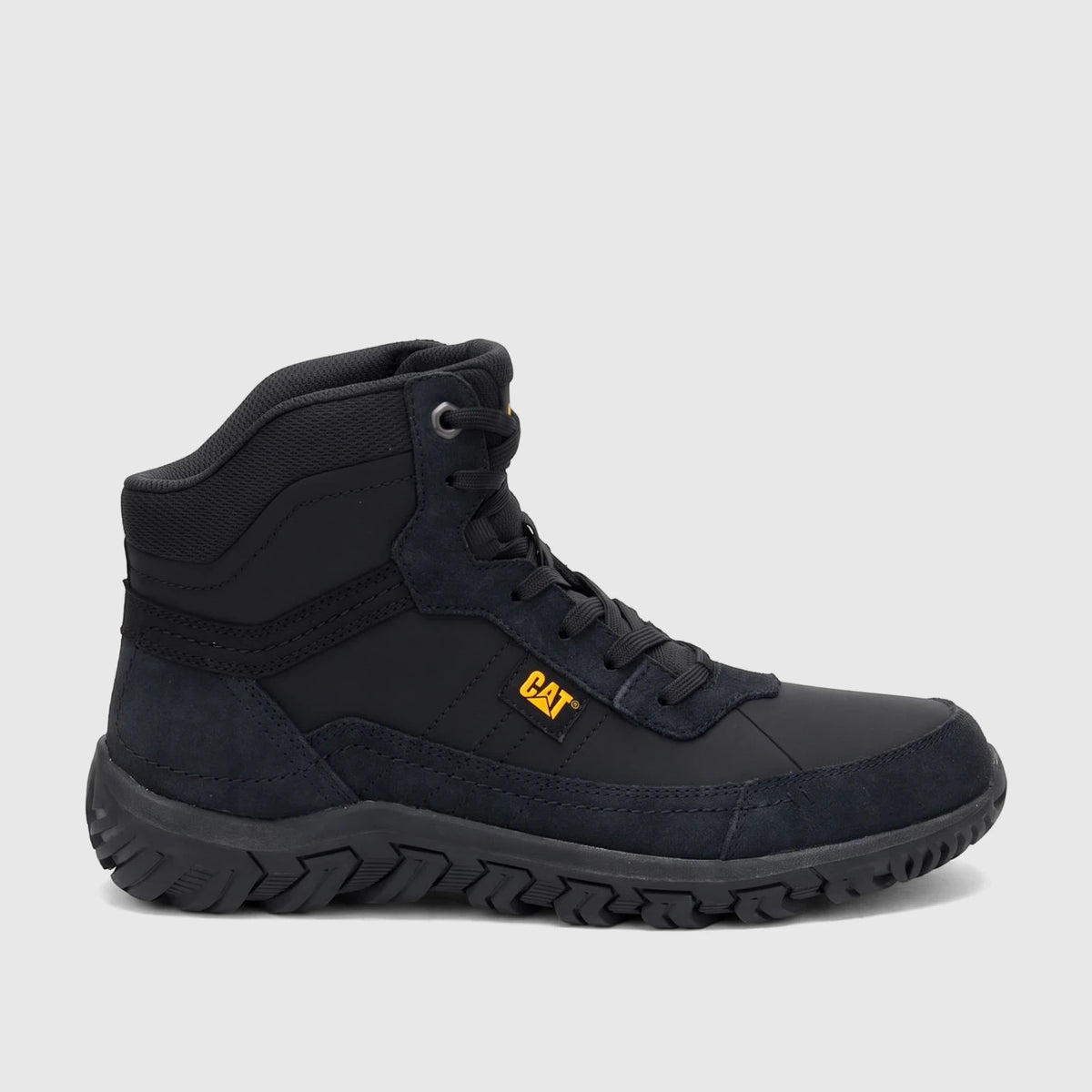 Cat Men's Press Hi P727149 black mid-height rugged work boot, featuring a durable design and aggressive sole, viewed from