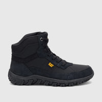 Cat Men's Press Hi P727149 black mid-height rugged work boot, featuring a durable design and aggressive sole, viewed from
