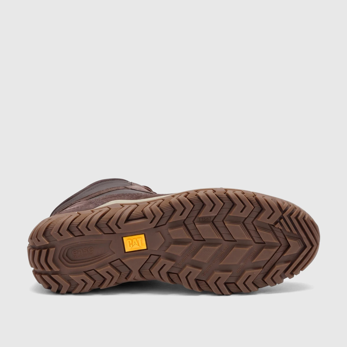 Cat Men's Press Hi P727150 Coffee Bean CT442 boot, featuring the brown sole with a yellow CAT logo and rugged tread pattern.
