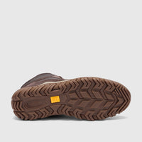 Cat Men's Press Hi P727150 Coffee Bean CT442 boot, featuring the brown sole with a yellow CAT logo and rugged tread pattern.