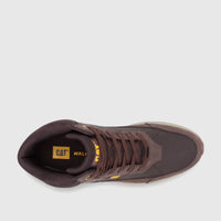 Top-down view of a men's brown Cat Press Hi P727150 Coffee Bean CT442 high-top boot, featuring dark brown upper, laces, and