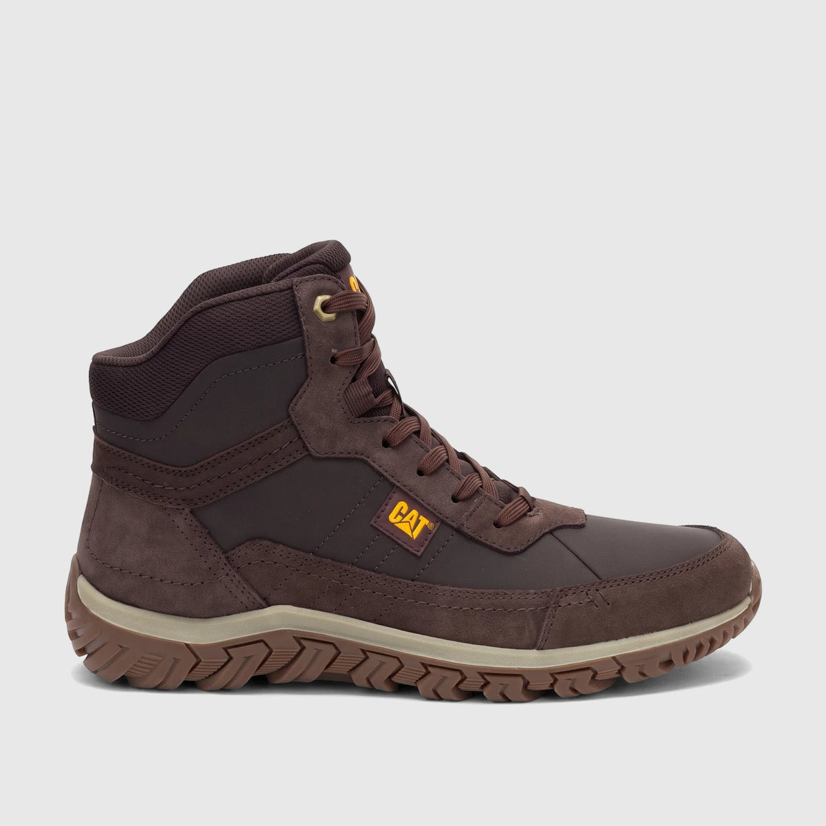 A single Cat Men's Press Hi P727150 coffee bean brown high-top boot, shown in a side profile, highlighting its durable