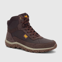 Men's Cat Press Hi P727150 Coffee Bean CT442 waterproof boot in brown suede and synthetic, with a lug sole and yellow logo.