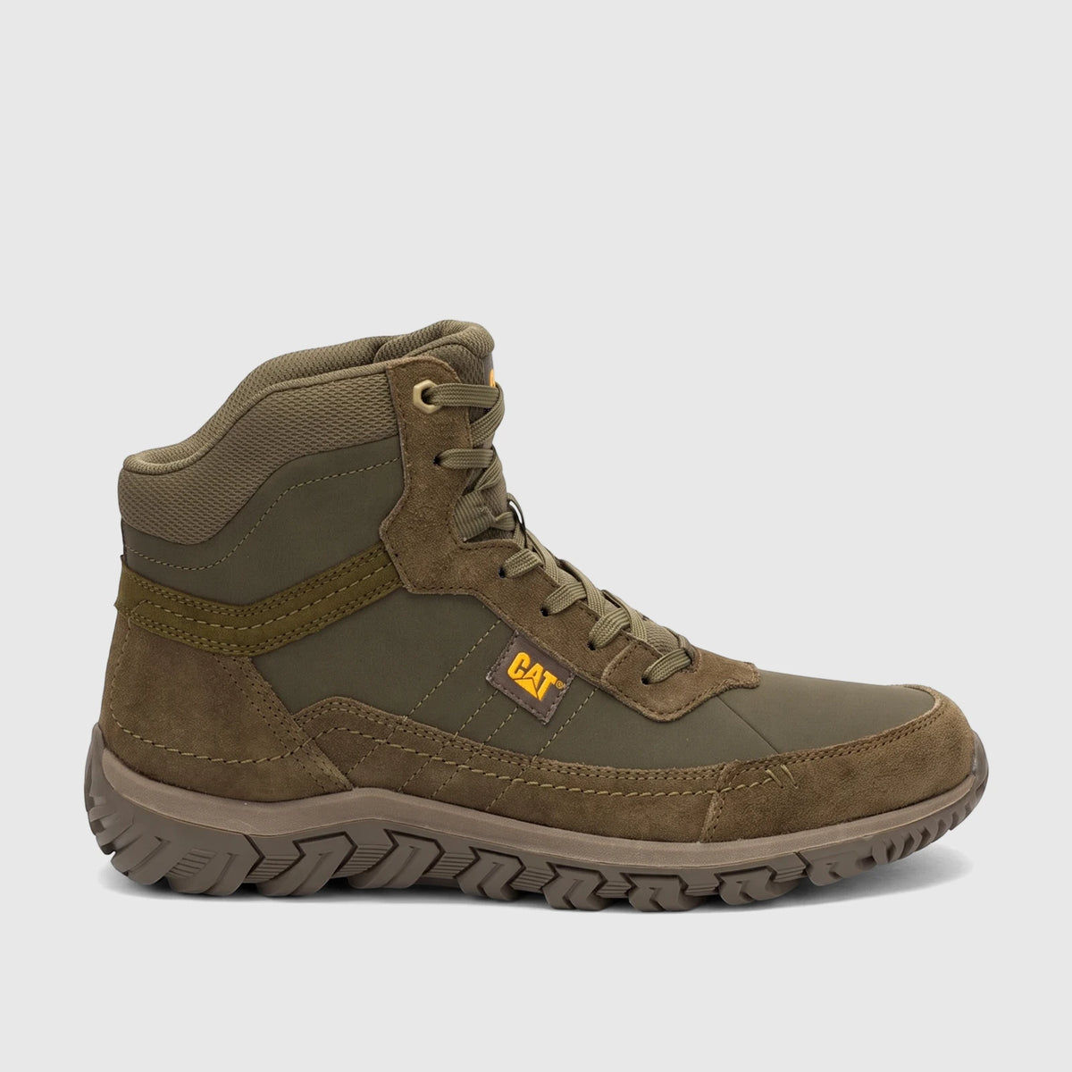 Cat Men's Press Hi P727152 Dark Olive CT444 high-top boot. Green textile and suede lace-up boot with rugged sole, side view.