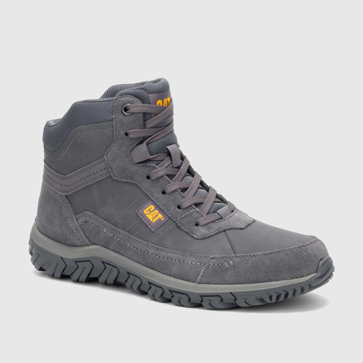 Cat Men's Press Hi P727251 Gargoyle high-top boot in gray, shown from a side view with laces and rugged sole.
