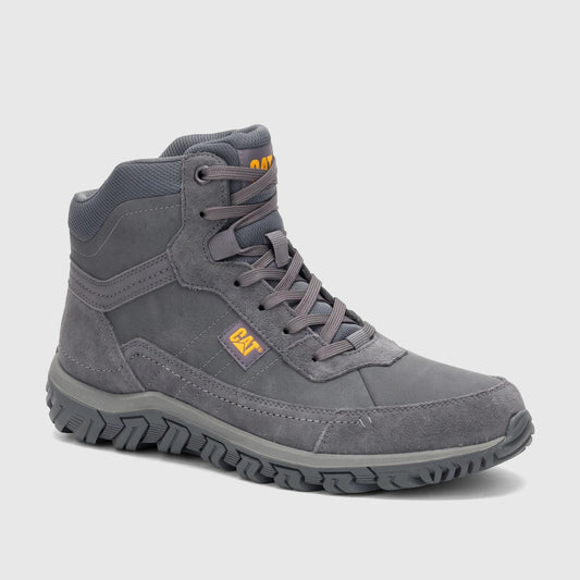 Cat Men's Press Hi P727251 Gargoyle CT443 high-top rugged boot in gray, shown from a side view.