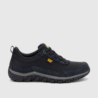 Cat Men's Press Lo P727141 Black CT435 casual low-top shoe, side view, with yellow logo.