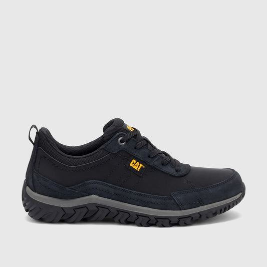 Cat Men's Press Lo P727141 Black CT435 casual low-top shoe, side view, with yellow logo.
