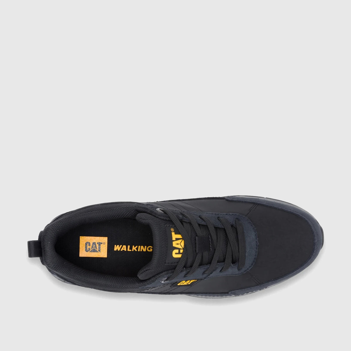 Cat Men's Press Lo P727141 black walking shoe, presented from a top-down view on a plain white background.