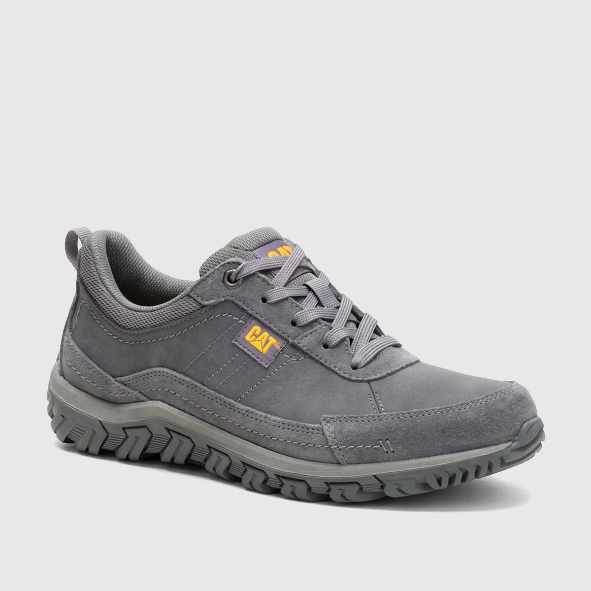 Cat Men's Press Lo P727274 casual low-top sneaker in gargoyle gray, featuring laces and a textured sole.