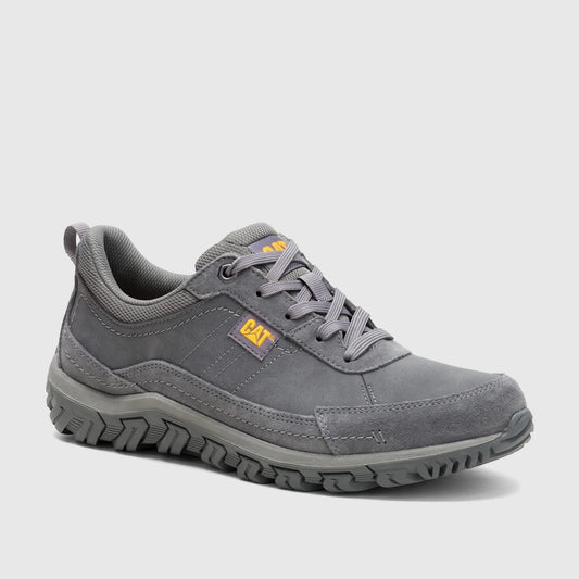 Gray Cat Men's Press Lo P727274 casual shoe, shown in side profile with a textured sole and yellow brand logos.