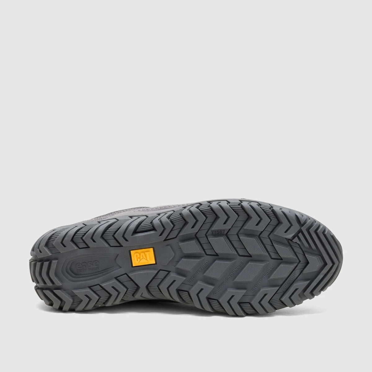 Cat Men's Press Lo P727274 Gargoyle shoe sole, showing the grey textured outsole with yellow CAT logo and 'ease tech inside'