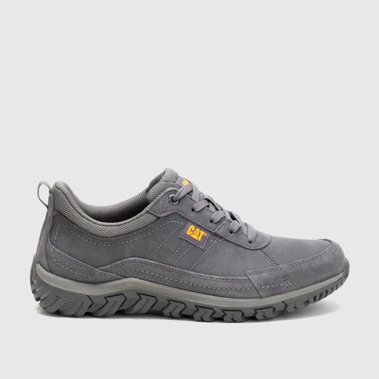 Gray Cat Men's Press Lo P727274 casual shoe, shown in side profile with a textured sole and yellow brand logos.